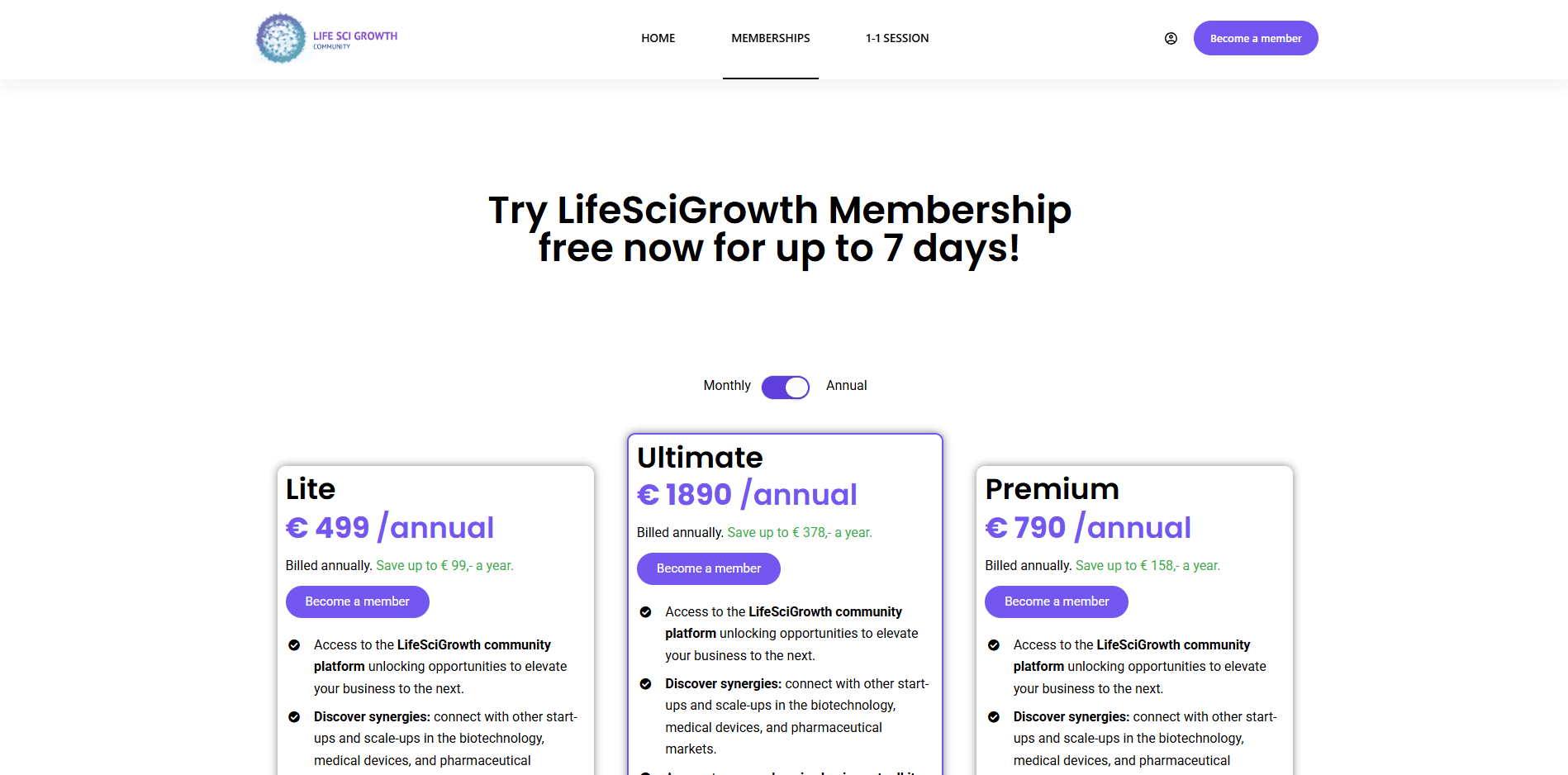 LifeSciGrowth membership pricing section